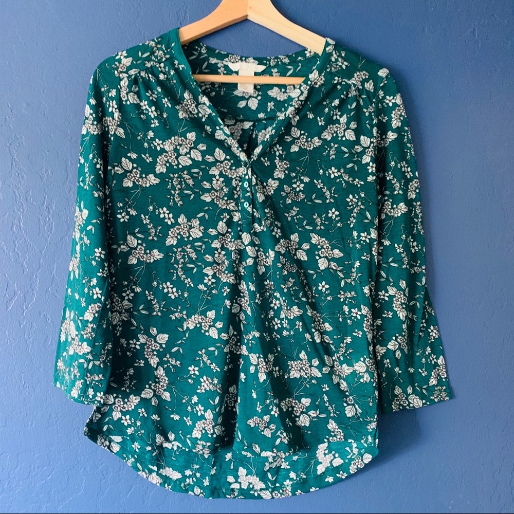 H&M Boho Green Floral 3/4 Sleeved High Low Blouse XS
